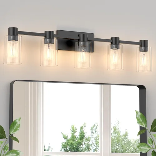 Accesorios de iluminación de tocador modernos de 5 luces sobre espejo, accesorios de iluminación de baño en negro mate, luces de tocador, aplique de