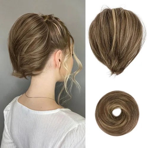 Miniatura 29 de BARSDAR Extensión de cola de caballo y moño de pelo de cobre, extensiones de moño corto sintético liso elástico para mujer, moños desordenados