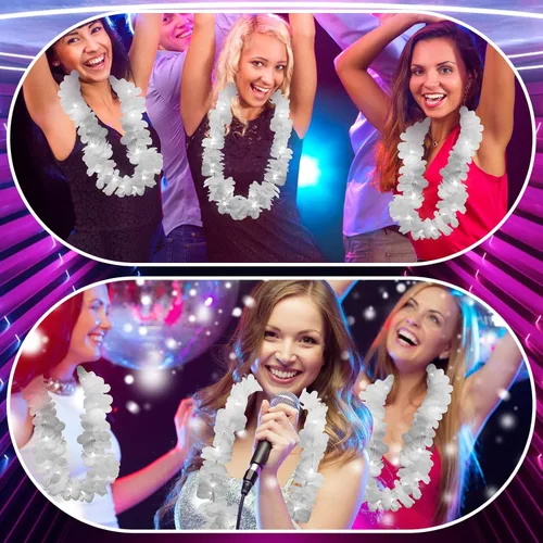 Miniatura 2 de Sherr 24 piezas Collares de leis LED iluminados, collares de flores hawaianas con luces LED para bodas, playa, tropical, carnaval, suministros