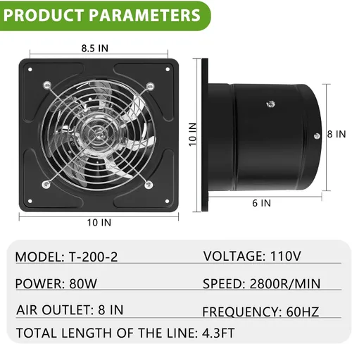 Miniatura 2 de Ventilador de escape de 8 pulgadas, ventilador de escape para cocina de 530 CFM con controlador de velocidad, ventiladores de pared de 110 V y 80 W