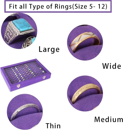 Miniatura 3 de Frebeauty Bandeja organizadora de anillos con 100 ranuras para anillos con tapa transparente, caja de almacenamiento de anillos de terciopelo