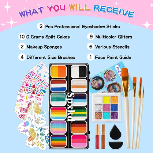 Miniatura 3 de Kit de pintura facial para niños y adultos, 12 x 10 gm, paleta de pintura facial con 9 brillos, 2 palitos de sombra de ojos, 2 esponjas y 6