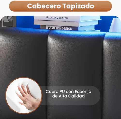 Miniatura 8 de AOGLLATI Estructura de cama Queen con elegante cabecero tipo estantería y estación de carga y luces LED, estructura de cama tamaño Queen con 4 Negro
