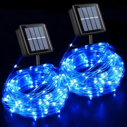 Miniatura 13 de QITONG Paquete de 2 luces solares verdes, cada cadena de 100 luces LED de 33 pies para exteriores, 8 modos de luces de hadas en tubo de PVC