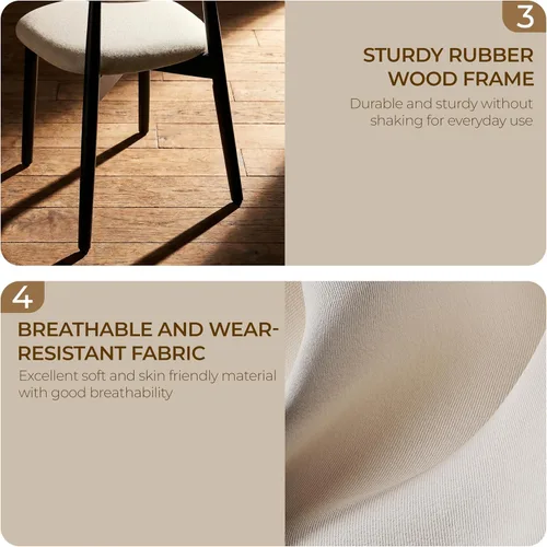 Miniatura 5 de Juego de 2 Sillas de Comedor de Madera Modernas Tapizadas en Tela, Sillas de Cocina de Mediados de Siglo Moderno, Sillas de Comedor de Granja