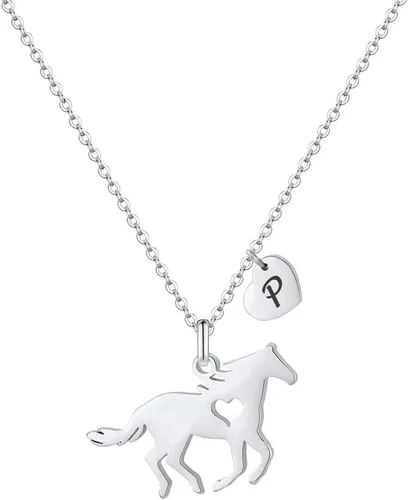 Miniatura 12 de MONOOC Collar de regalo para niñas con colgante de caballo - Collar de caballo delicado de acero inoxidable con corazón, 26 iniciales de la A a la Z