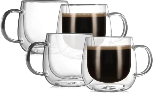 Miniatura 10 de CNGLASS Tazas de cristal de doble pared de 8.1 onzas, taza de café de vidrio aislado transparente con asa para expreso, café con leche, té, juego