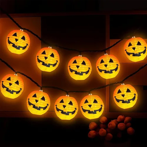 Miniatura 15 de Luces de calabaza de Halloween para exteriores, 10 luces LED de calabaza de 8.5 pies, impermeables, calabazas iluminadas para interiores y Linda