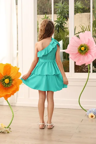 Miniatura 6 de Danna Belle Vestido de fiesta de verano para niñas, con un hombro, volantes, escalonado, ropa de regalo, tallas 5-14