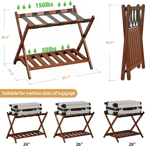 Miniatura 4 de BAMBOOHOMIE Portaequipajes completamente montado de 26.77 pulgadas de largo para habitación de invitados, juego de 2 soportes plegables para maletas