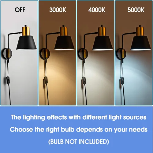 Miniatura 4 de Juego de 2 apliques de pared modernos con brazo oscilante para enchufar, luces de pared negras giratorias con cable de encendido/apagado