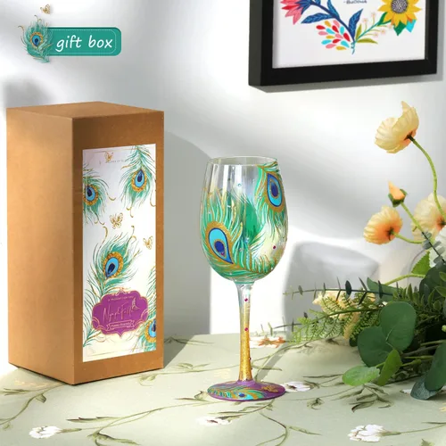 Miniatura 4 de NymphFable Regalos de Pavo Real Copa de Vino Iridiscete Pintada a Mano 15oz Copas de Vino Coloridas Personalizadas Regalo de Cumpleaños de Pavo Real