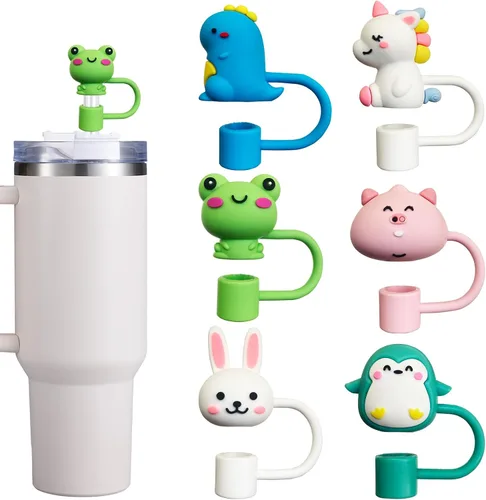 Miniatura 11 de 5 tapas de pajita para vaso Stanley, tapa de silicona con lindos animales para vaso Stanley de 30 y 40 oz con asa, puntas de pajita reutilizables a
