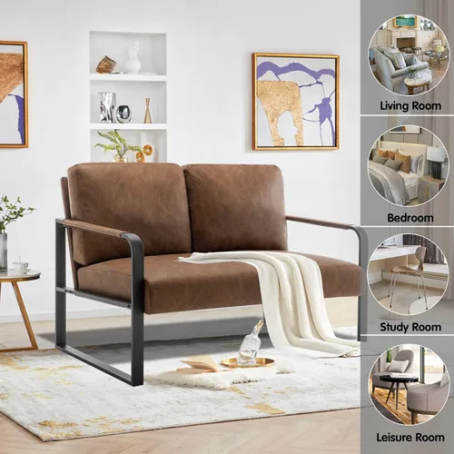 Miniatura 9 de HAOBO Home Sofá biplaza y banco para sala de estar, sofá pequeño tapizado de piel sintética, banqueta, banco para comedor, dormitorio, color marrón