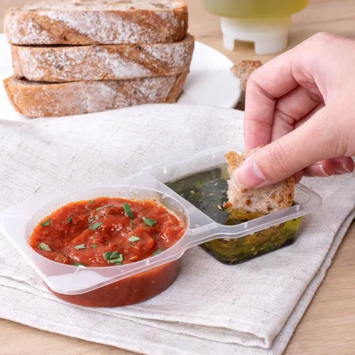 Miniatura 5 de Futura - Recipientes para aperitivos de 5 onzas, 100 recipientes para salsa para microondas, 2 compartimentos, tapa con bisagras, vasos de plástico