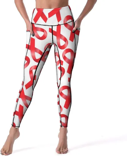 Aids Day Awareness Red Ribbon Women's Yoga Pants High Waist Leggings with Pockets Gym Workout Tights