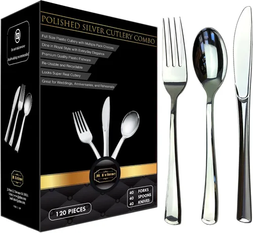 Miniatura 7 de Juego de cubiertos de plástico dorado de 120 piezas, reutilizables y reciclables, utensilios de plástico dorado para bodas, aniversarios, duchas