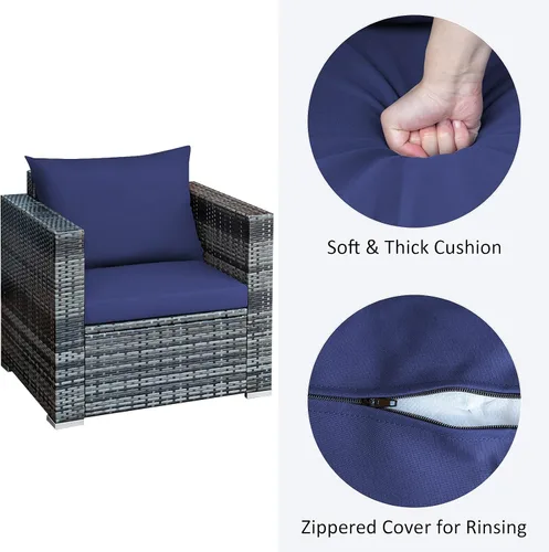 Miniatura 6 de Tangkula Juego de muebles de patio de 3 piezas, juego de sofá de mimbre de ratán PE con cojín lavable y mesa de vidrio templado, muebles de Mezcla