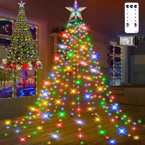410 luces LED para árbol de Navidad con estrella superior, tira de luces de Navidad con anillo para árbol, 6.6 pies x 16 líneas, luces parpadeantes