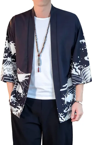 Miniatura 18 de PRIJOUHE Chaqueta Kimono Ligera para Hombre de Manga Tres Cuartos con Frente Abierto Cárdigan Estilo Japonés