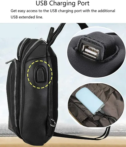 Miniatura 4 de Bolso vintage de cuero genuino de grano completo para hombres, mini pequeño tamaño mediano, con puerto de carga USB, Negro (Small-black), S