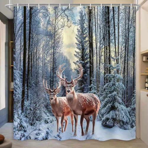 Miniatura 8 de MERCHR Cortina de Ducha de Nieve de Bosque Invernal, Cortina de Ducha de Pino Navideño y Venado Copo de Nieve para Baño, Decoración Festiva Navideña