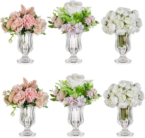 Miniatura 10 de Glasseam Jarrones de vidrio para decoración, juego de 3 jarrones pequeños de compota, jarrones acanalados para centros de mesa, jarrón de pedestal