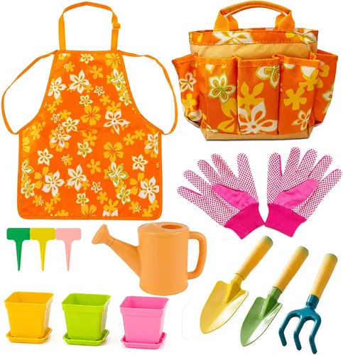 Juego de jardinería para niños de 3 a 7 años, kit de herramientas de jardín de 13 piezas con delantal, bolsa de mano, juguete de aprendizaje STEM al