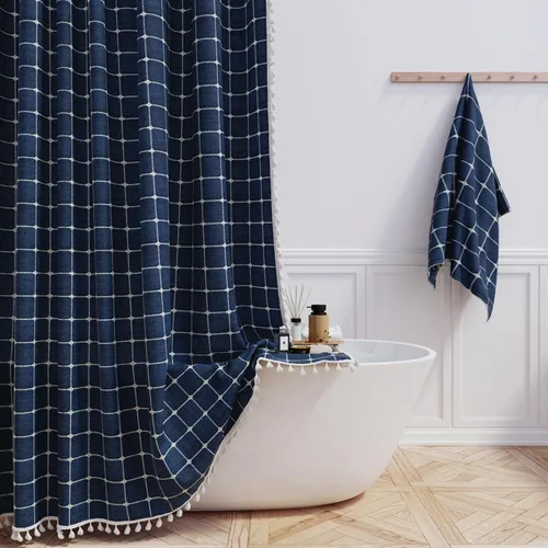 Miniatura 12 de BTTN Juego de cortinas de ducha estilo bohemio de granja con borlas, tela rústica de lino resistente, repelente al agua, cortinas de ducha gruesas A