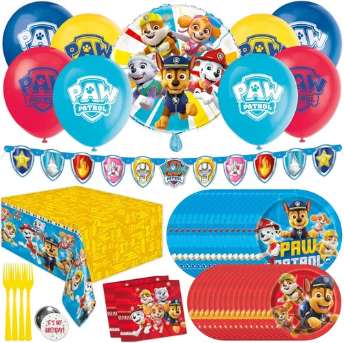 Decoraciones de cumpleaños de Paw Patrol | Sirve a 16 invitados | Suministros de fiesta de Paw Patrol | Globos, pancarta, mantel, platos de cena y