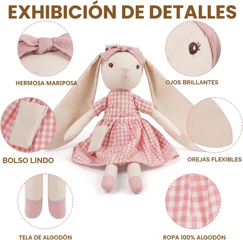 Miniatura 3 de Peluche de conejo de 15 pulgadas para niñas, muñeca de juguete de peluche con vestido rosa a cuadros, bonito juego de muñeca para vestir para niñas