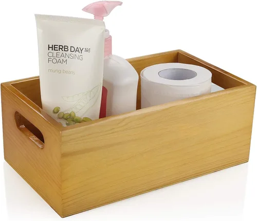 Miniatura 5 de Un organizador de madera de pino seleccionado, caja abierta, 4 paquetes, contenedor de almacenamiento de madera de 6 x 10 pulgadas con asa para baño