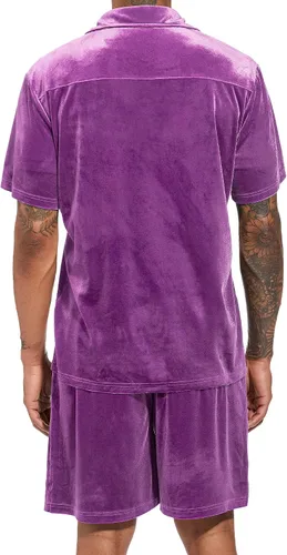 Miniatura 8 de LecGee Conjunto de pantalones cortos casuales de verano para hombre, camisa de terciopelo de manga corta con botones, pantalones cortos de cintura