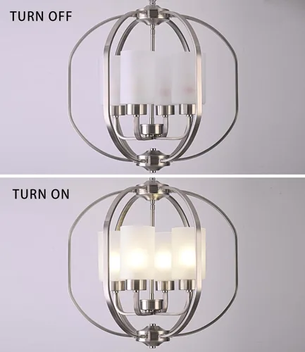 Miniatura 6 de BOZO Candelabro de globo de níquel cepillado de 20 pulgadas, lámpara colgante moderna de 4 luces para comedor y vestíbulo con pantallas de vidrio