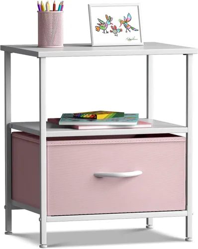 Miniatura 12 de Sorbus Mesita de noche con 1 cajón, mueble de noche y mesa auxiliar con marco de acero, parte superior de madera y contenedores de tela fáciles