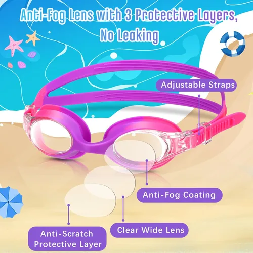 Miniatura 4 de Kanayu 12 gafas de natación para niños, sin fugas, antiniebla, con clips para la nariz, tapones para los oídos, 12