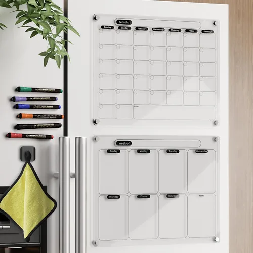 Miniatura 6 de Calendario magnético acrílico de borrado en seco para refrigerador, pizarra blanca transparente en blanco, planificador borrable de 16 x 12 pulgadas