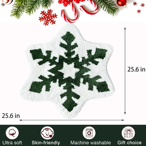 Miniatura 2 de YRXRUS Alfombra de baño de copos de nieve, decoraciones navideñas, tapete con forma de nieve verde y blanca, sala de estar, dormitorio, cocina