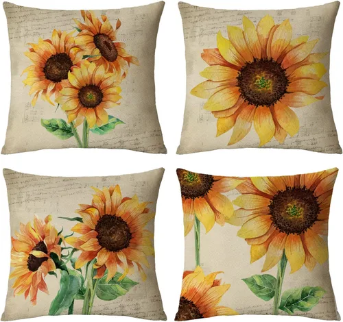 Miniatura 14 de Juego de 4 fundas de almohada decorativas de girasol de 12 x 12 pulgadas, fundas de almohada cuadradas de lino, fundas de almohada cuadradas de lino