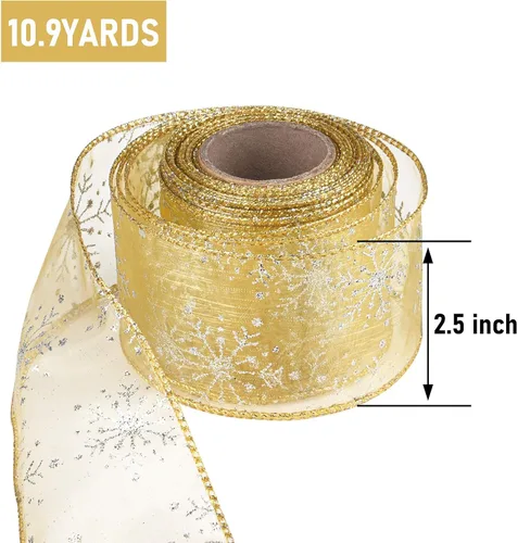 Miniatura 2 de Cinta de Organza con Alambre de Navidad de 2.5 Pulgadas de Ancho con Copos de Nieve y Purpurina Transparente para Árbol de Navidad, Corona, Dorado