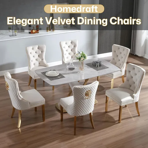 Miniatura 9 de Juego de 2 sillas de comedor de terciopelo Homedraft, colección Nikki para comedor con patas doradas de acero inoxidable y anillo de tirador
