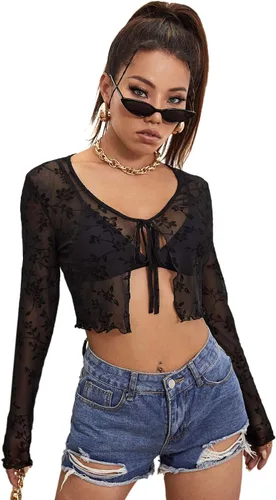 Miniatura 4 de Floerns Top corto de malla transparente de manga larga con frente abierto para mujer, sin brasier