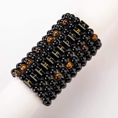 Miniatura 8 de FRG - Brazalete hecho a mano con letra inicial del nombre, las cuentas son de ónix negro u ojo de tigre, la cuerda es trenzada, un brazalete lleno