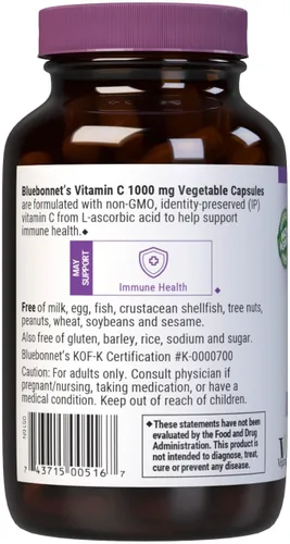 Miniatura 3 de Bluebonnet Nutrition Vitamina C 1000 mg Cápsulas vegetales, ácido ascórbico, para la salud inmunológica y la salud de la piel, vegano, vegetariano