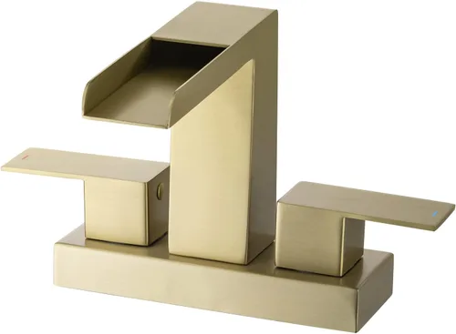 Miniatura 9 de Grifo de cascada de baño central de 4 pulgadas, 2 manijas y 3 agujeros, grifo de lavabo de cascada con desagüe desplegable con desbordamiento, oro