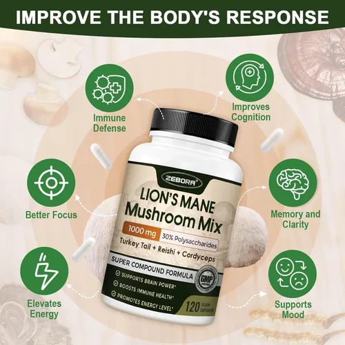 Miniatura 4 de ZEBORA Cápsulas de suplemento de melena de leones, suplemento de hongos 5 en 1 con Cordyceps, Reishi y cola de pavo, cuerpo fructífero para memoria