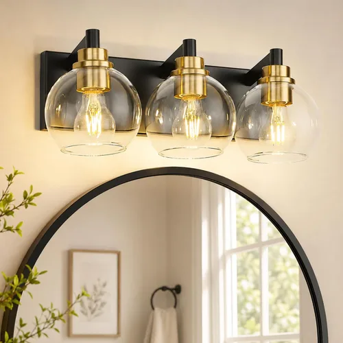 Miniatura 41 de Accesorios de iluminación de baño, luz de tocador mate negra de 2 luces, apliques de pared modernos con pantalla de globo de vidrio transparente