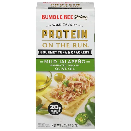 Bumble Bee - Kit de Snack de Atún Prime Protein on the Run - Atún Gourmet Marinado en Aceite de Oliva y Jalapeño Suave con Galletas y Utensilio de