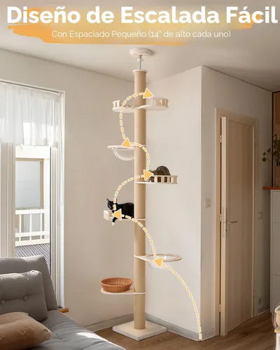 Miniatura 7 de Veehoo Altura del árbol para gatos de piso a techo (106-123 pulgadas), ajustable, resistente y alto con postes rascadores de 4.3 pulgadas de grosor