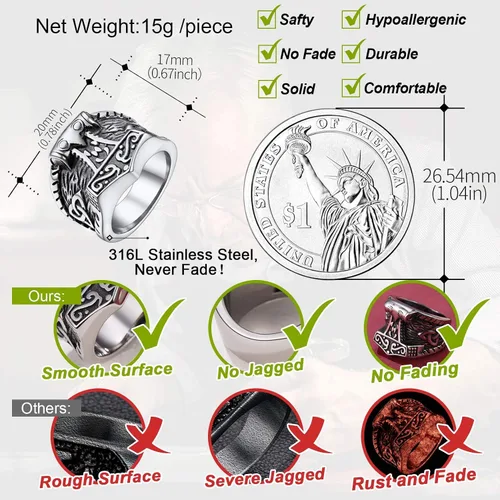 Miniatura 5 de FaithHeart Norse Viking Jewelry - Anillo de acero inoxidable de guerrero para hombre con diseño vikingo de cabeza de lobomartillo de Thor